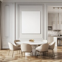 Elegant dining area with light beige walls, a round marble table, and beige chairs.  A large blank canvas hangs on the wall