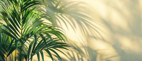 Obraz premium Text has plenty of room against an abstract background of new palm fronds and shadows on a light-cream wall, Generative AI.