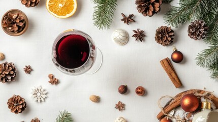 Obraz premium Winter-themed flat lay with red wine and ingredients on white tablecloth, Christmas drink scene.