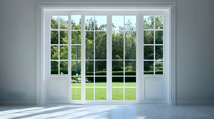 Fototapeta premium Open wooden window frame reveals a vibrant green view from inside the home