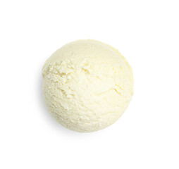 One scoop of delicious ice cream on white background, top view