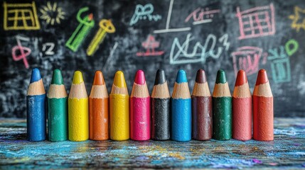 Colorful pencils in front of a chalkboard