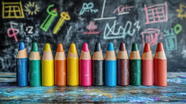 Colorful pencils in front of a chalkboard
