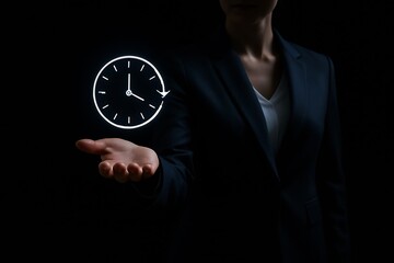 Businesswoman holding a holographic clock in her hand, representing time management, futuristic technology, and digital innovation in business