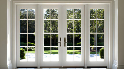 Fototapeta premium Elegant french doors offering a picturesque view of a lush garden, creating an inviting atmosphere