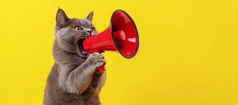 Grey cat with wide eyes holding a megaphone against a vibrant yellow background. Fun and energetic image suitable for announcements and promotions.
