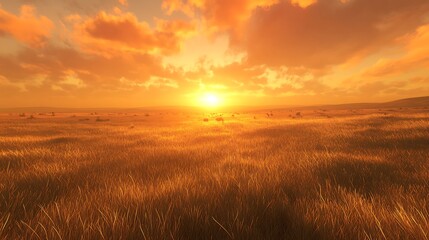 Vast savanna with golden grasslands and a fiery orange sunset on the horizon