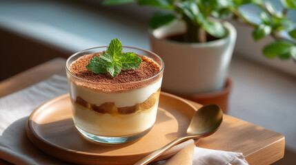 A layered tiramisu dessert in a clear glass cup, topped with cocoa powder and a sprig of mint.