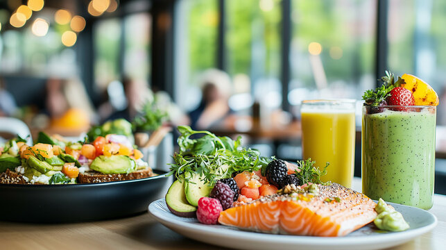Colorful brunch featuring fresh fruit, avocado toast, salmon, and smoothies, highlighting a nutritious and balanced meal.