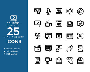 Content Creator Icons Set – Photography, Video Editing, Culinary, PPC, Camera, Subscribe Outline Icons