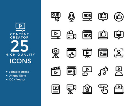 Content Creator Icons Set – Photography, Video Editing, Culinary, PPC, Camera, Subscribe Outline Icons