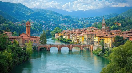 Obraz premium Panoramic view of a European riverside town nestled in mountains.