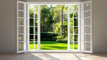 A bright, airy room with an open window overlooking a lush garden. The sunlight streams through the window