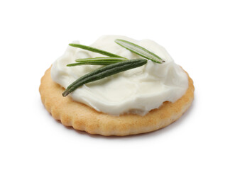One tasty cracker with cream cheese and rosemary isolated on white