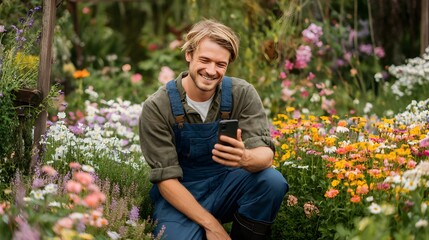 Happy gardener using mobile phone in flower garden smiling at screen in outdoor floral setting
