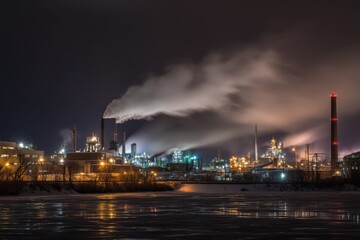 An industrial night view with factory lights illuminating the skyline