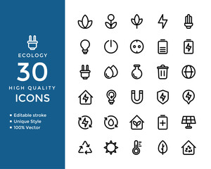 Ecology & Environment Care Icons – Nature Protection, Recycling & Sustainability (Vector Outline)
