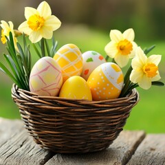 Colorful Easter eggs and daffodils fill a wicker basket that sits on a wooden table