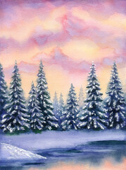 Fototapeta premium Watercolor landscape. Fir trees in a winter forest