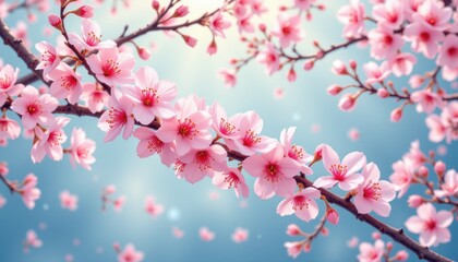 Fototapeta premium radiant cherry blossom in an illustrative style, with blush pink and misty white colors, crisp lines, detailed leaves, harmonious vibe, high resolution