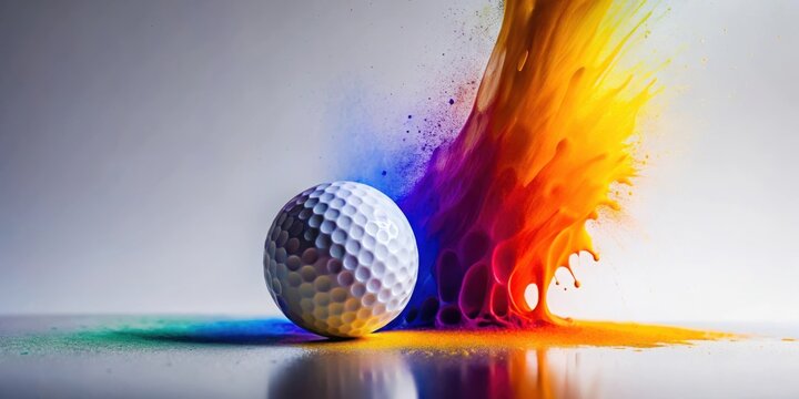 A vibrant golf ball explodes in a colorful burst of dynamic paint, showcasing a stunning mix of hues and textures.