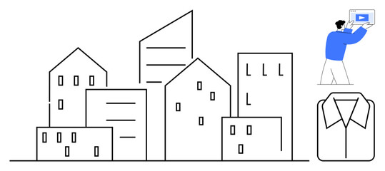 Stylized cityscape with geometric buildings, person presenting digital content, and shirt icon. Ideal for urban lifestyle, technology, education, business, creativity, e-learning simple landing page