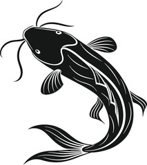 Black Catfish Silhouette Design Illustration. Catfish Silhouette Artwork in Bold Black Style. Silhouette Design of a Black Catfish. Freshwater Catfish Silhouette in Black