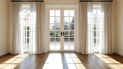 Fototapeta premium Elegant room with natural light filtering through windows, creating a bright and airy atmosphere. The room is empty, offering a sense of tranquility and spaciousness