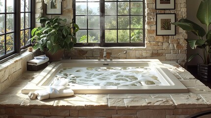 Obraz premium A spa-like retreat with a stone bathtub, surrounded by lush indoor plants, sunbeams highlighting swirling steam and iridescent bubbles
