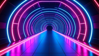 A vibrant abstract futuristic tunnel featuring glowing neon lines and symmetrical geometry. The image showcases depth and movement, ideal for tech, digital art, or backgrounds.