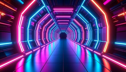 A vibrant abstract futuristic tunnel featuring glowing neon lines and symmetrical geometry. The image showcases depth and movement, ideal for tech, digital art, or backgrounds.