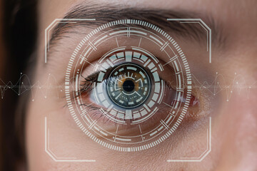 Close-up of a human eye with a futuristic digital interface representing biometric security and eye scan technology

