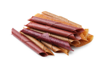 Delicious fruit leather rolls isolated on white