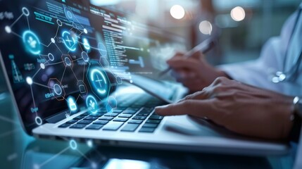 Fototapeta premium Doctor diagnose digital patient record on virtual medical network on Computing electronic medical record. Digital healthcare and network connection interface, Global health care. Medical technology.