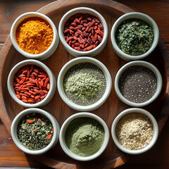 Overhead view of wooden table with spiral arrangement of superfoods including chia seeds, goji berries, matcha powder, and colorful nutrient-rich ingredients for health blog headers, 