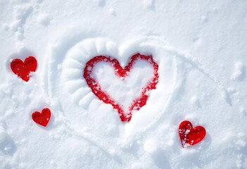 Close-up of a heart drawing in pristine snow; Valentine's Day, winter romance,  closeup,   emotion