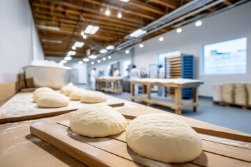 Bright and colorful interior of a facility focusing on the dough production process for pizza making