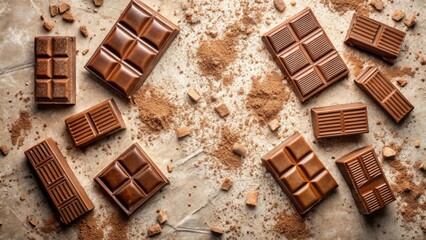 An assortment of milk chocolate bars and cocoa powder on a textured surface