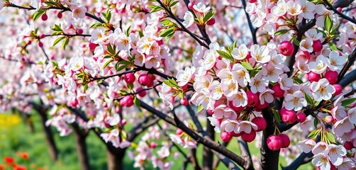 Obraz premium Close-up vibrant oil painting of blossoming fruit trees in spring garden, aesthetic, vibrant colors