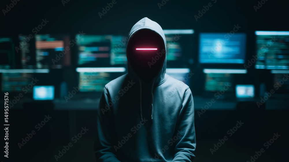 Poster anonymous hacker in dark room: a hooded figure, their face obscured by shadow and a glowing red line