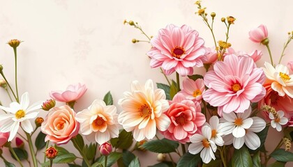 Fototapeta premium Delicate pastel floral wallpaper featuring vintage blooms in a timeless garden design, textile, fabric