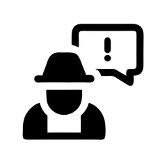 A solid black icon of a figure in a hat with a speech bubble containing an exclamation mark. Use for cybersecurity warnings, anonymous messages, or online threats content.