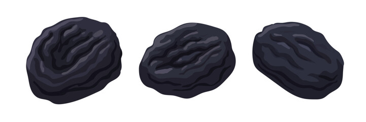 Three dried prunes in a colorful vector style on a white background, ideal for healthy snacks and natural food concepts