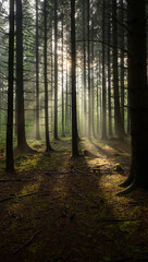 Obraz premium Misty forest with morning sunlight – AI generated