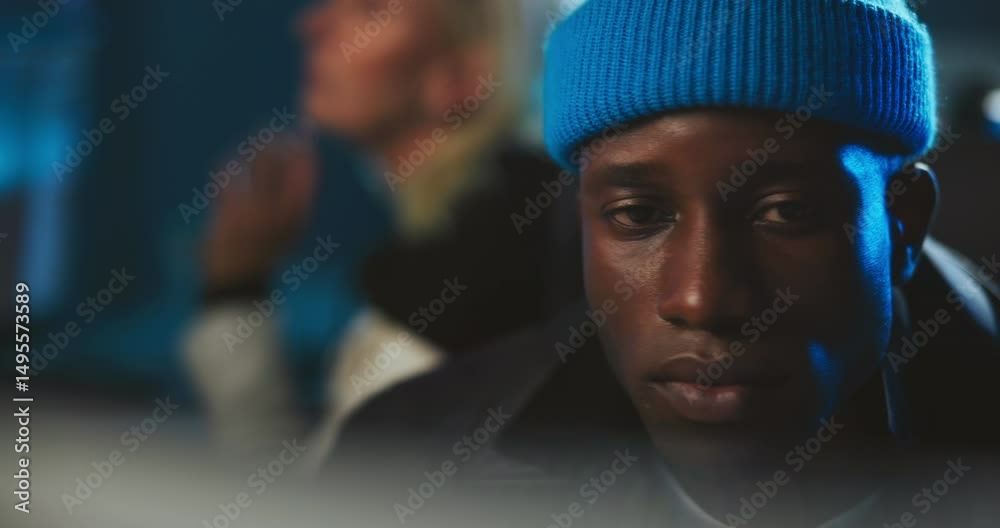 Poster Computer, night and face of man in office for coding, programming, software update and cybersecurity. Programmer, working late and person on pc for website development, digital project and AI system