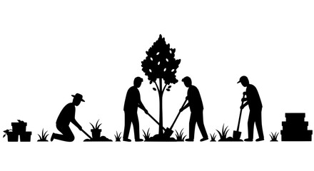 Volunteer Group Planting Trees Silhouette, Community Gardening Vector