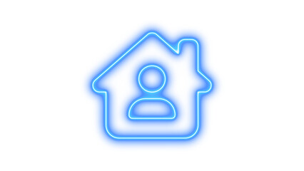 Glowing neon icon of a house with a person inside, symbolizing home or user profile, Neon house chimney user icon glow with transparent background