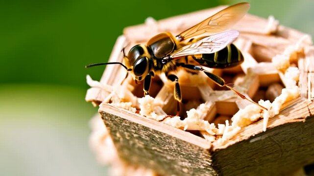 Close-up of a honeybee exploring a wooden bee house filled with nesting material on a sunny day in springtime.