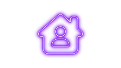 Glowing neon icon of a house with a person inside, symbolizing home or user profile, Neon house chimney user icon glow with transparent background