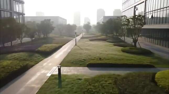 Quiet Early Morning Tech Park: Surveillance Drone View